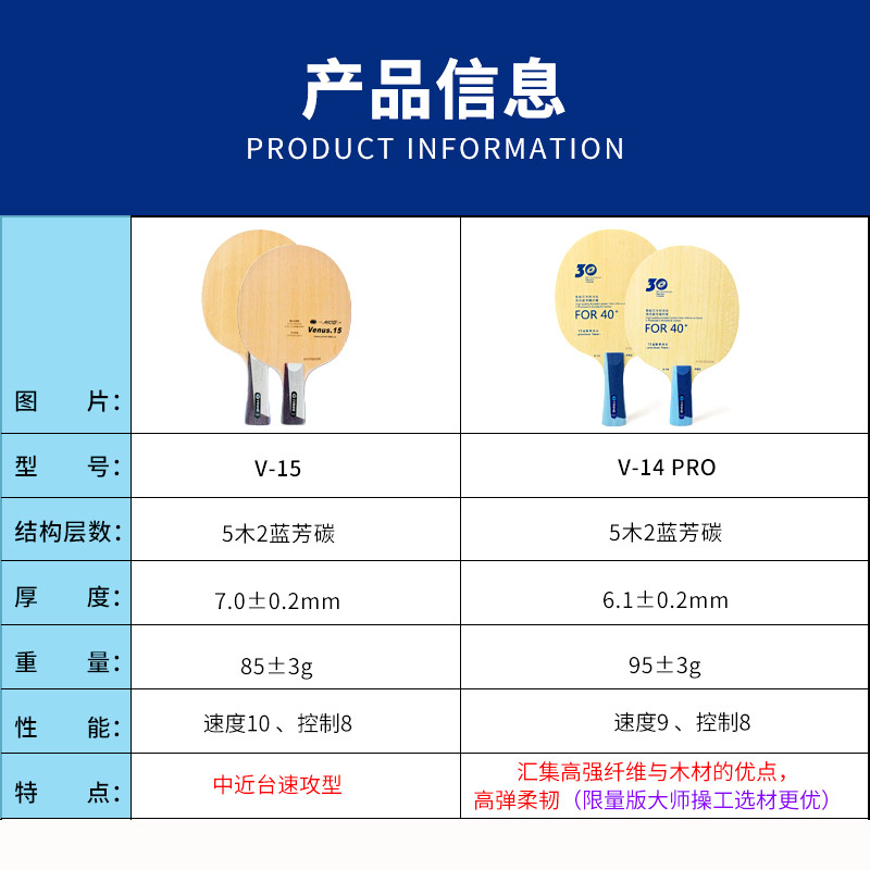 银河乒乓球底板V15蓝芳碳V14 PRO乒乓球拍蝴蝶王乒乓球板碳素光板 - 图1