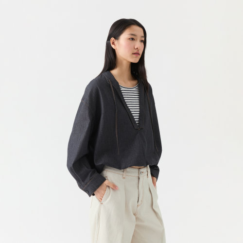 播26夏新品长袖衬衫女假两件休闲风宽松上衣DDT2CD5633 - 图0