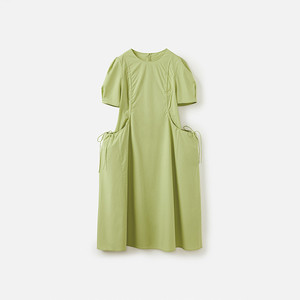 播优雅圆领棉麻短袖连衣裙女25夏季新款休闲别致黑裙DDS2LD5915