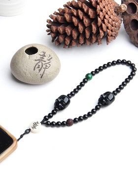 天然黑曜石2个小猪手机坠手机链