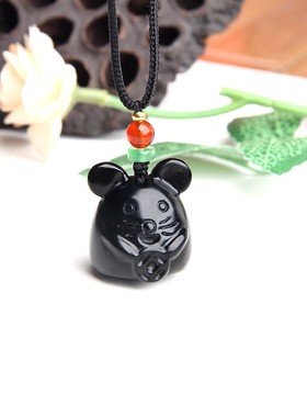 天然黑曜石老鼠挂件水晶老鼠挂坠