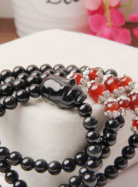 天然黑曜石多圈手链猪手链