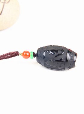 天然黑曜石六字真言桶珠吊坠项坠