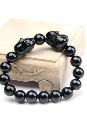 天然黑曜石鼠猪手链生肖猪鼠手串