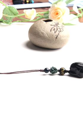 天然黑曜石吊坠水晶兔手机坠挂件