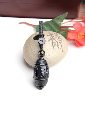 天然黑曜石六字真言珠子挂坠