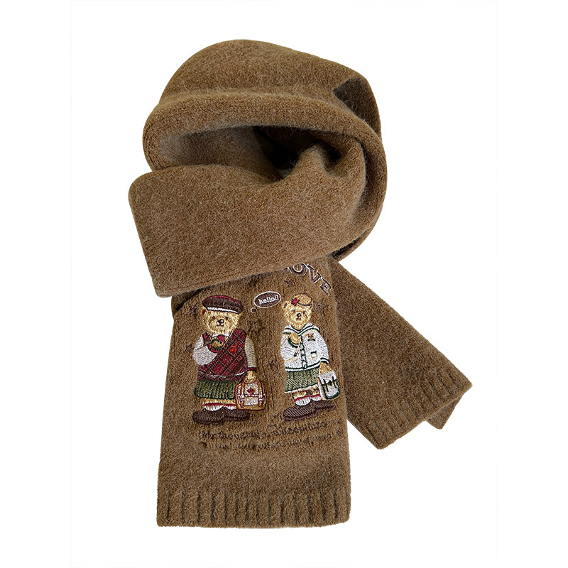 韩国ins新款刺绣学院风小熊针织围巾女秋冬季保暖百搭日系仿羊绒,淘宝优惠券,粉丝福利购,淘宝优惠卷