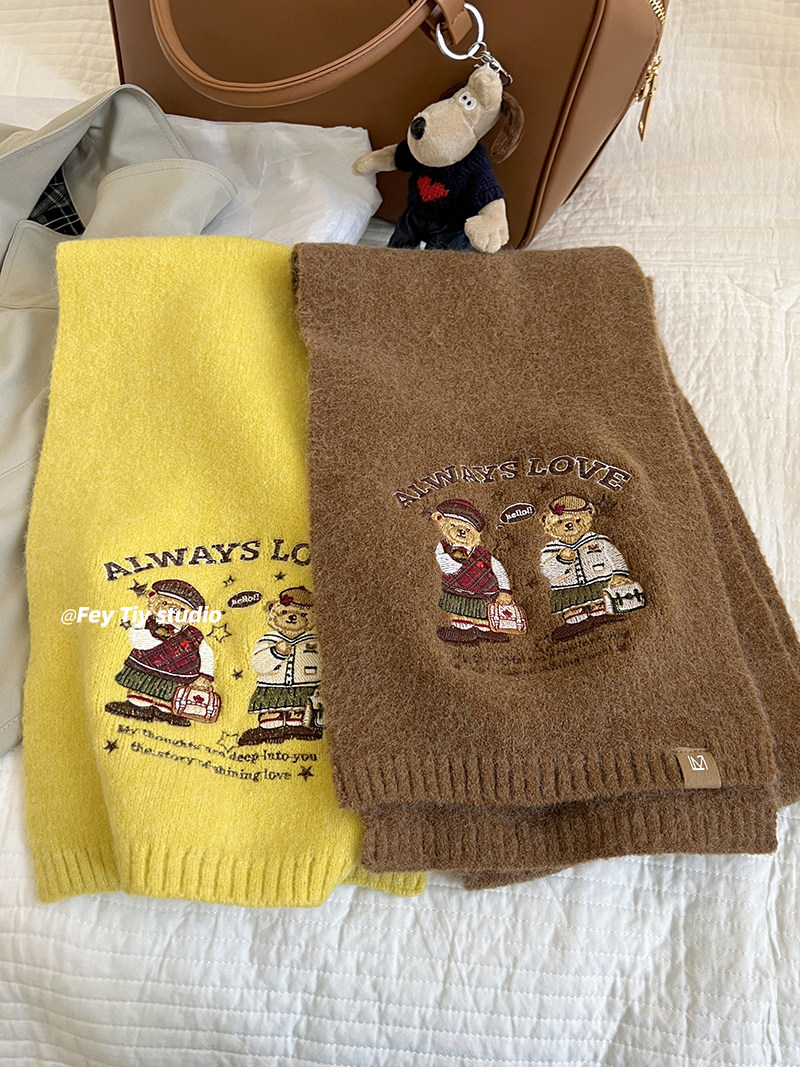 韩国ins新款刺绣学院风小熊针织围巾女秋冬季保暖百搭日系仿羊绒,淘宝优惠券,粉丝福利购,淘宝优惠卷