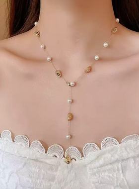 轻奢珍珠流苏项链女金色锁骨链