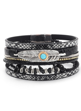 波西米亚风碎石羽毛皮革女士手链创意复古羽毛绿松石磁铁扣手镯