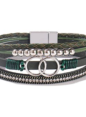 亚马逊热销手工编制皮手链手镯批发双环磁吸扣镶钻女士皮革手链