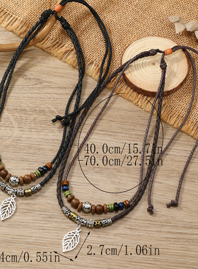欧美复古树叶吊坠鸡翅木多层可抽拉手工pu项链 文艺风编织皮手链