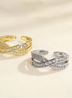 时尚镶钻交叉开口可调节指戒高级