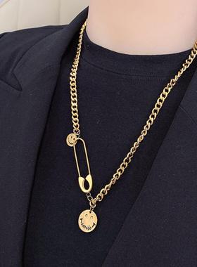 欧美钛钢嘻哈项链笑脸别针吊坠