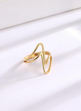 欧美双波浪心电图钛钢戒指女