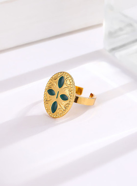 法式祖母绿开口钛钢戒指女百搭时