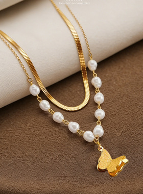 模特街头冷淡风珍珠蝴蝶钛钢项链