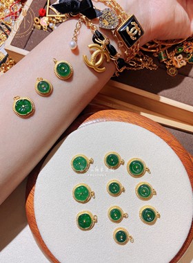 999足金 传承古法金工艺 镶嵌天然翡翠平安扣 吊坠