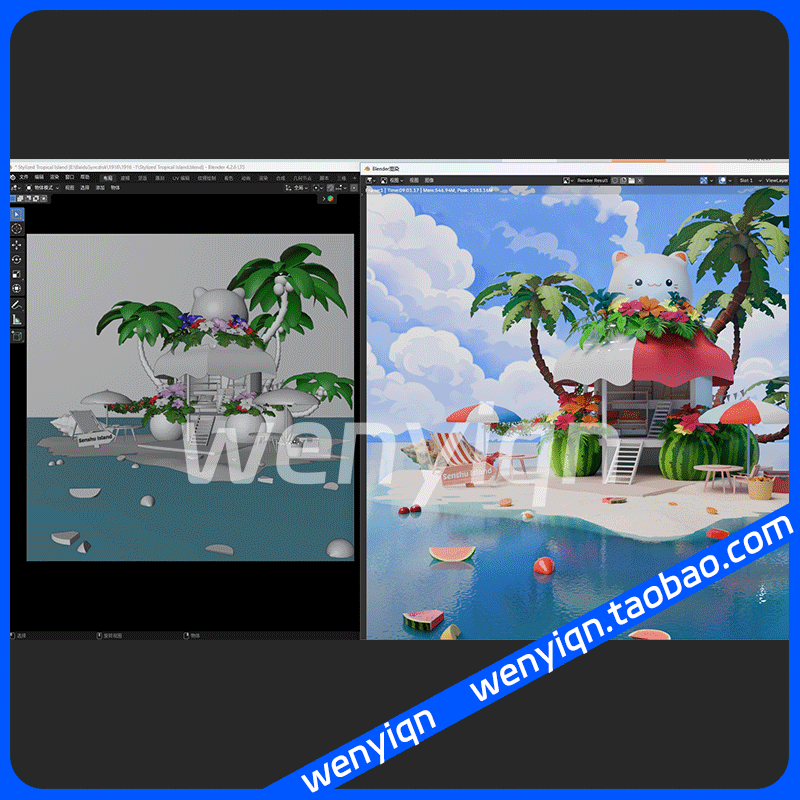 卡通可爱海岛便利店猫店铺椰树海滩躺椅Blender场景模型1916,淘宝优惠券,粉丝福利购,淘宝优惠卷