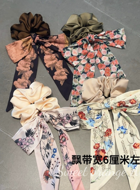高级感发饰新款小香风山茶花小马印花绸缎丝绸蝴蝶结飘带发圈韩版