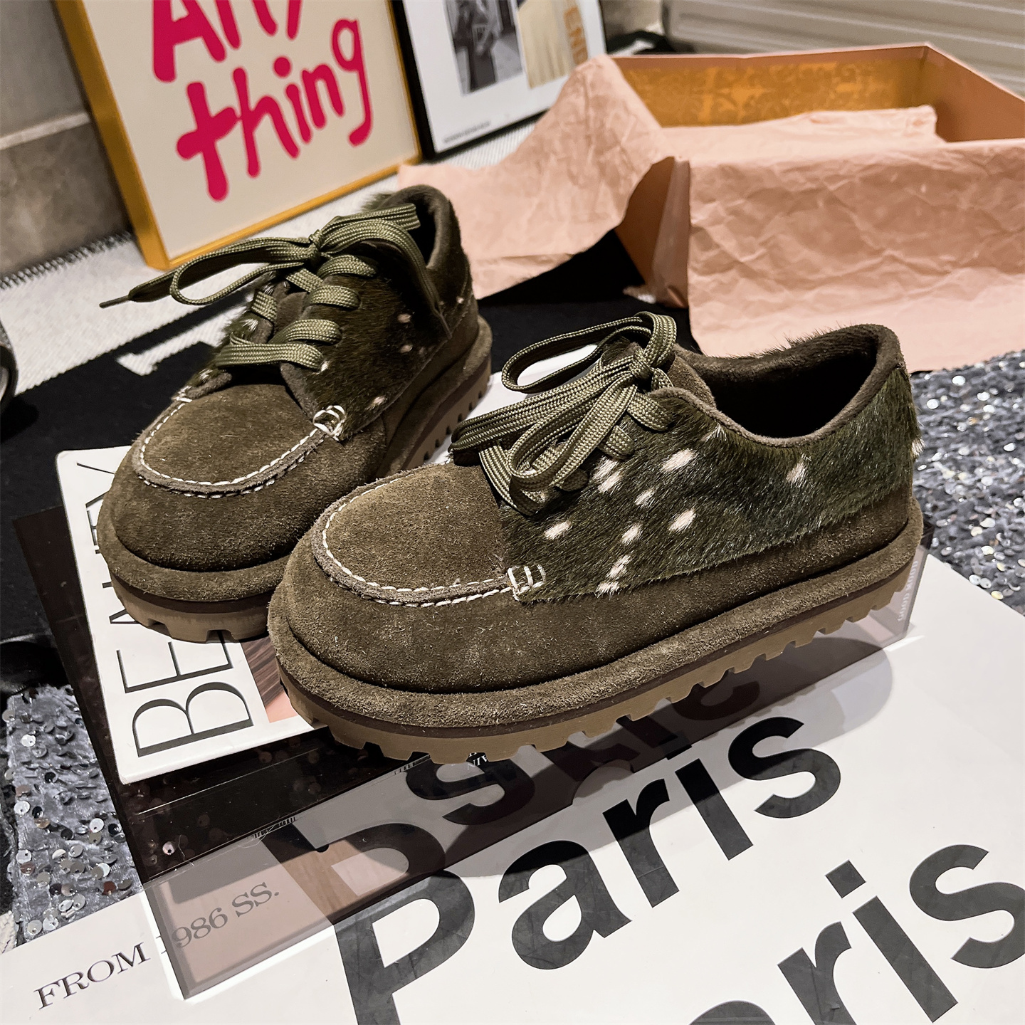 真皮马毛版~欧货系带大头豹纹休闲鞋板鞋勃肯鞋平底德训加绒女鞋 - 图0