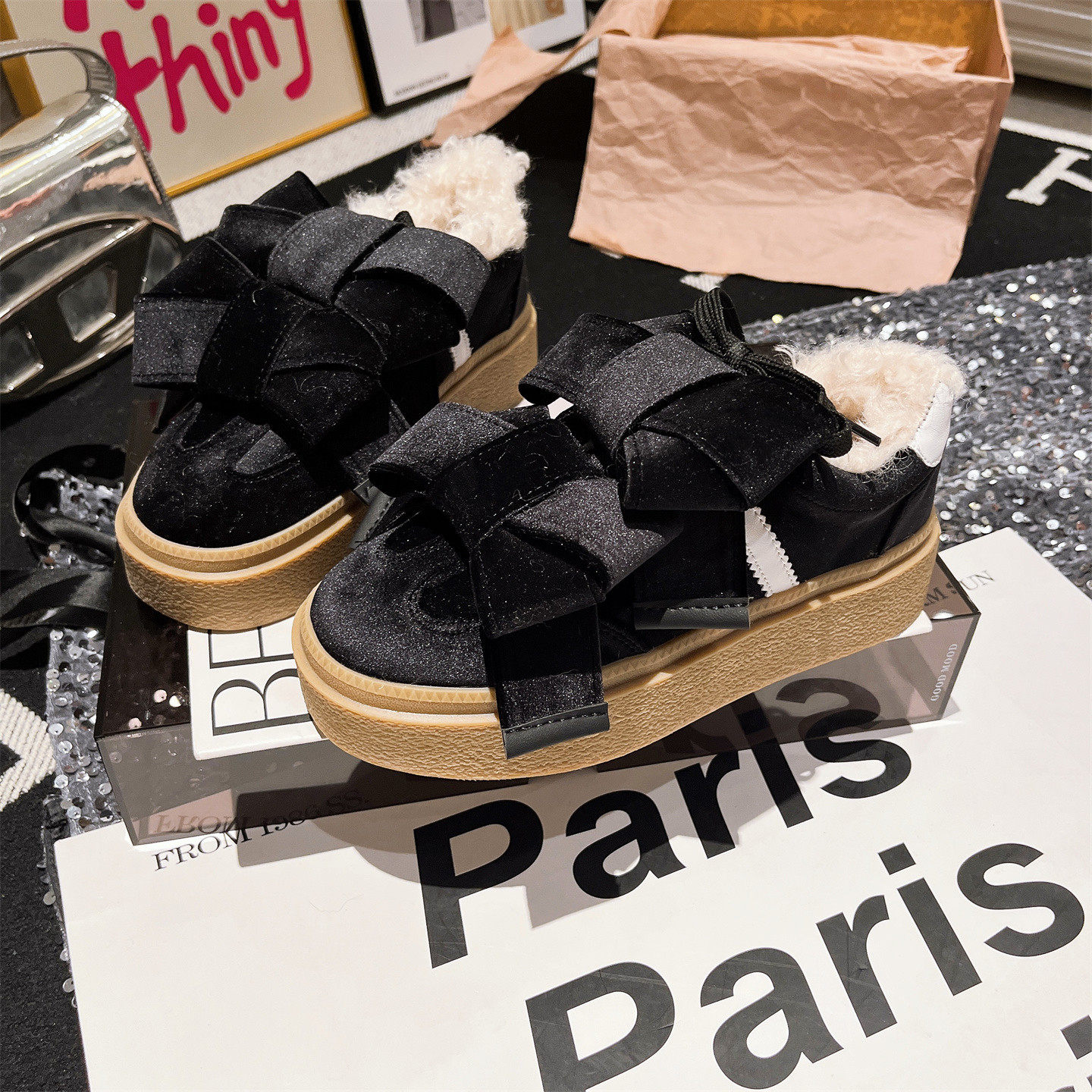 羊毛版~欧货甜美金丝绒蝴蝶结毛毛鞋休闲加绒雪地棉板鞋厚底女鞋,淘宝优惠券,粉丝福利购,淘宝优惠卷