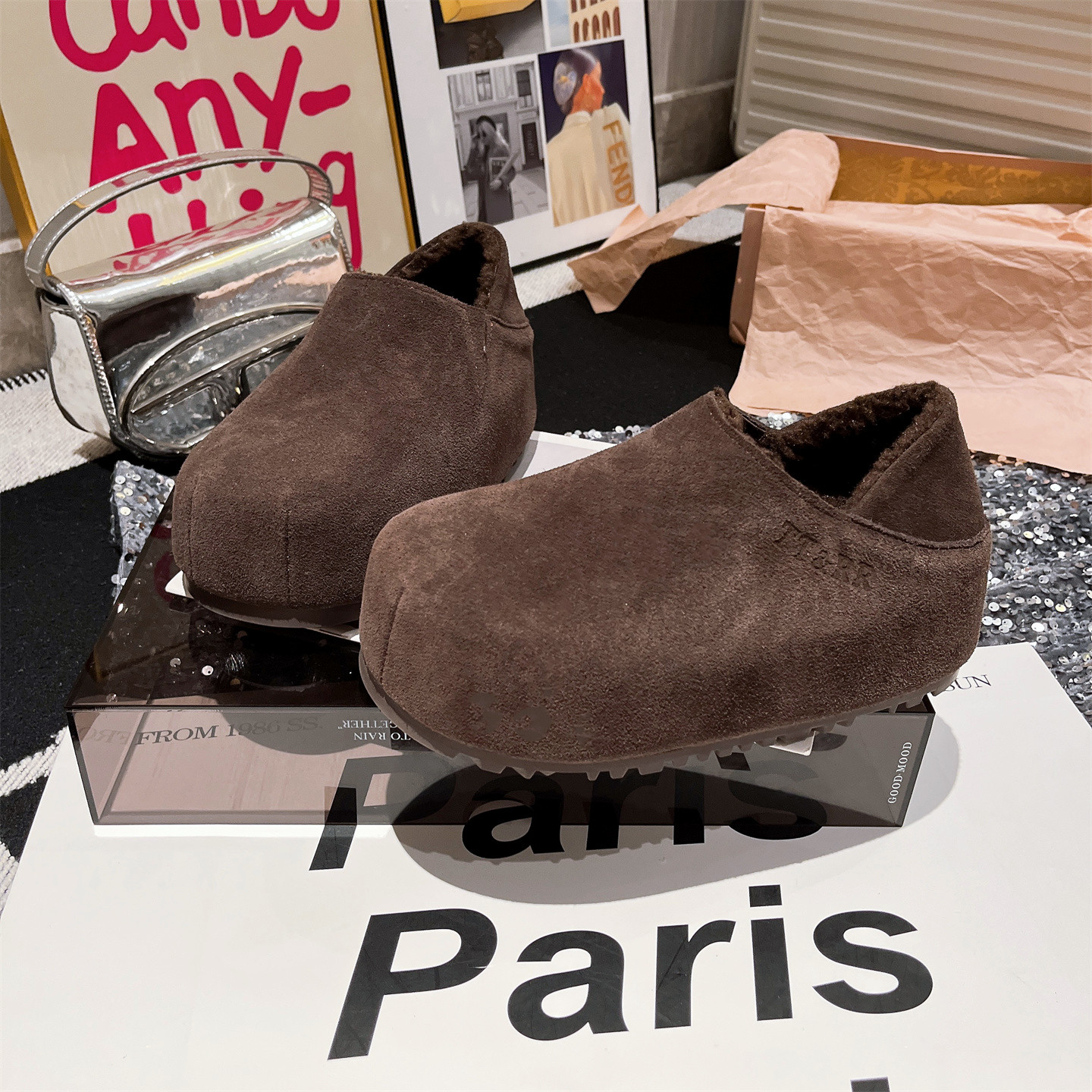 真皮大头卡皮巴拉面包鞋厚底松糕加绒乐福鞋6cm小个子一脚蹬女鞋 - 图2