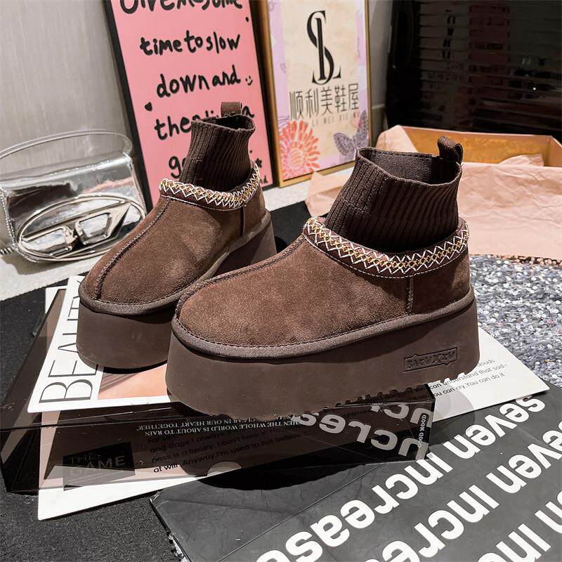 欧货真皮针织民族风厚底松糕大头面包雪地棉靴短靴勃肯鞋6cm女鞋,淘宝优惠券,粉丝福利购,淘宝优惠卷