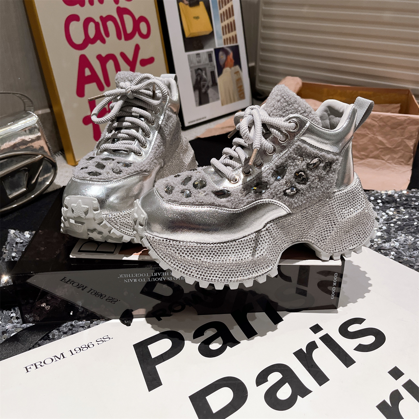 欧货水钻羊羔毛毛鞋厚底松糕高帮休闲板鞋加绒棉鞋小个子7cm女鞋 - 图2