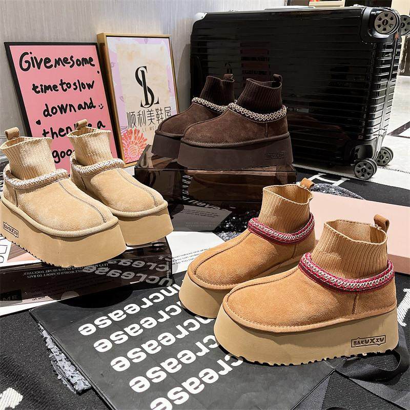 欧货真皮针织民族风厚底松糕大头面包雪地棉靴短靴勃肯鞋6cm女鞋,淘宝优惠券,粉丝福利购,淘宝优惠卷