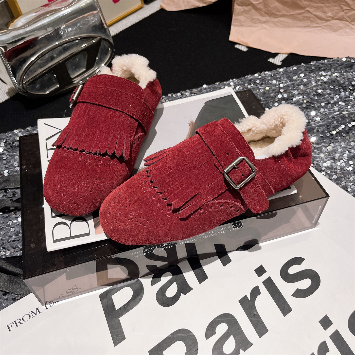 真皮羊毛版~欧货流苏金属扣加绒毛毛鞋乐福鞋勃肯鞋平底红色女鞋,淘宝优惠券,粉丝福利购,淘宝优惠卷