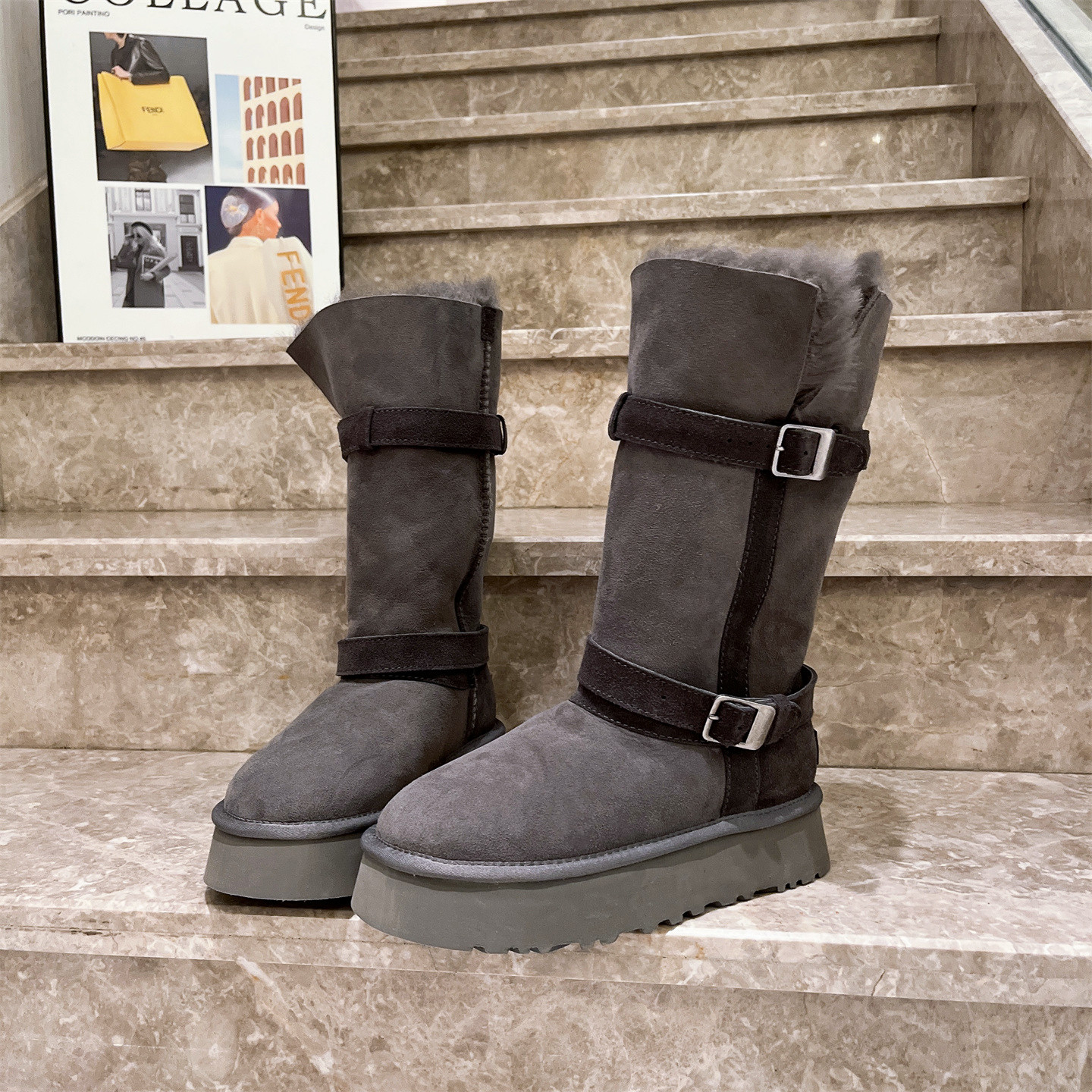 羊皮毛一体~真皮羊毛金属扣翻领两穿骑士长筒东北加厚雪地棉靴女 - 图2