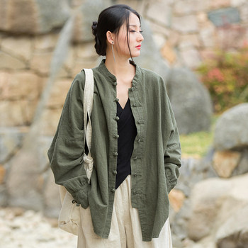 Retro Button Top Women 2024 New Literary Zen Tea Clothes Spring Travel Photography Jacket Mid-Length Cotton and Linen Cardigan