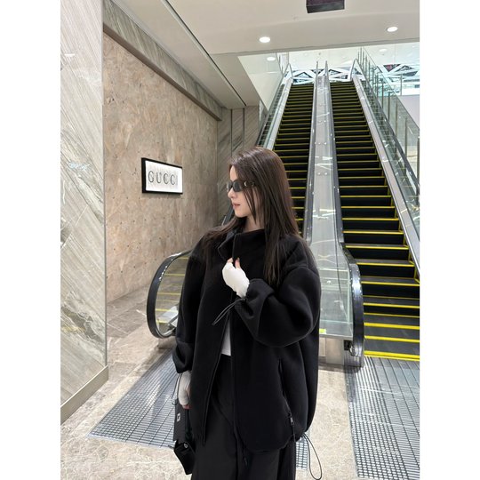 superniniyy 盐系加厚双面摇粒绒灰色宽松立领长袖拉链卫衣外套女