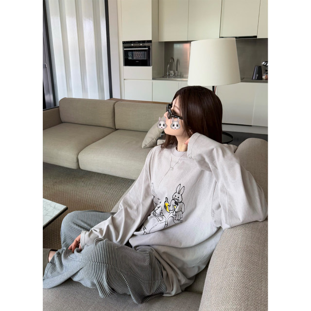Superniniyy Rabbit Restaurant & Line Slim Loose Cotton Cartoon Long Sleeve Sun Protection Top T-shirt