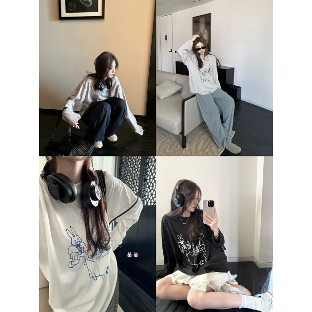 Superniniyy Rabbit Restaurant & Line Slim Loose Cotton Cartoon Long Sleeve Sun Protection Top T-shirt