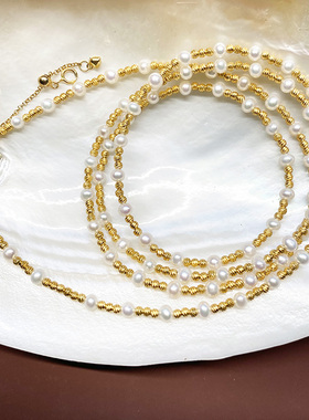 西子美美S925银电镀18K金镭射珠珠项链女长款珍珠创意毛衣长项链