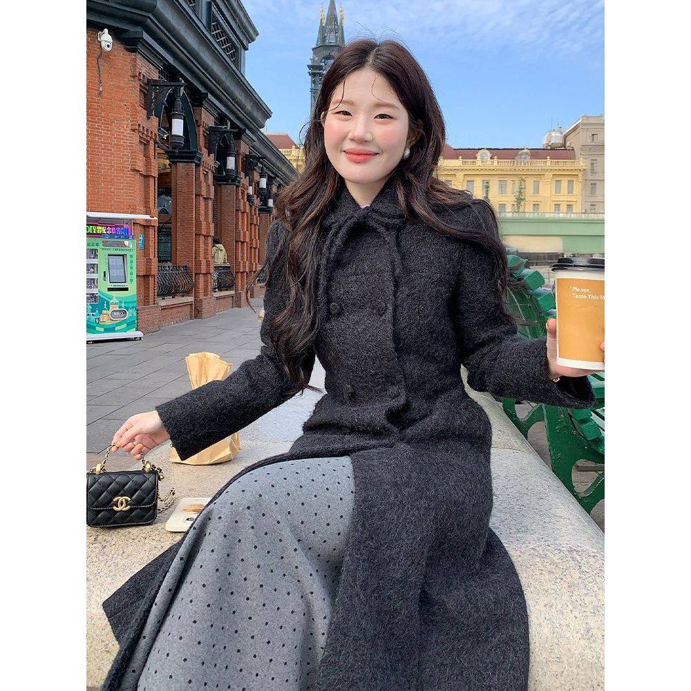 冬日欧尼 韩版气质高智感翻领双排扣千金风秋冬中长款毛呢外套女,淘宝优惠券,粉丝福利购,淘宝优惠卷
