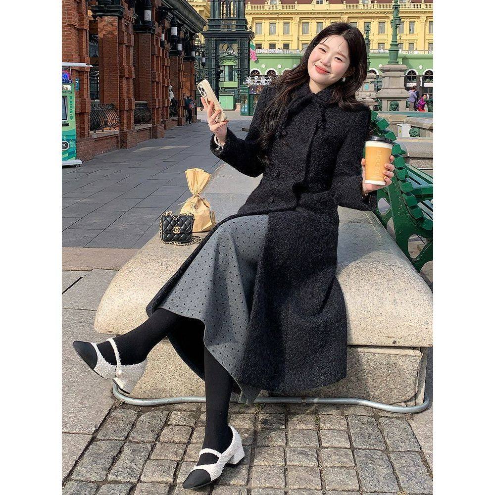 冬日欧尼 韩版气质高智感翻领双排扣千金风秋冬中长款毛呢外套女,淘宝优惠券,粉丝福利购,淘宝优惠卷