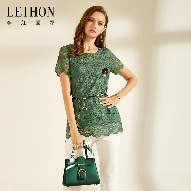 LEIHON/李红国际绿色蕾丝短袖夏专柜新款网红中长款宽松圆领t恤女