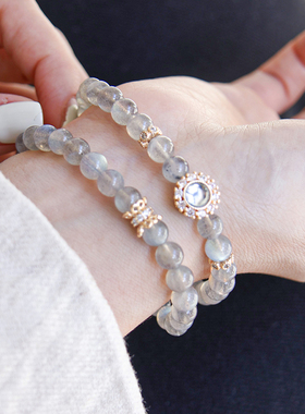 天然水晶手串灰月光简约百搭叠带