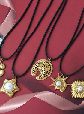 轻奢金色小众高级感钛钢花朵珍珠吊坠秋冬毛衣锁骨链