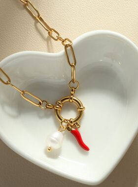 彩色辣椒珍珠项链DIY钛钢吊坠炉内锁骨链