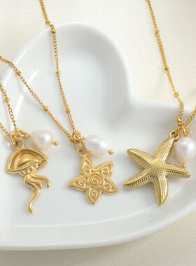 欧美时尚设计淡水珍珠钛钢海螺海龟贝壳女士锁骨链复古百搭项链女