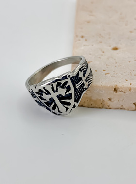 美式时尚个性朋克钛钢盾牌男戒