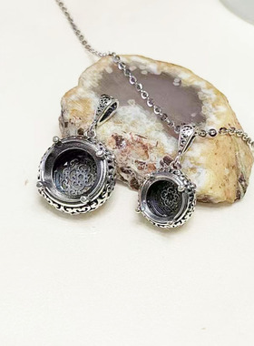 S925纯银吊坠空托镶嵌圆形钻尖底平底玉石双用12*12银托女款10*10