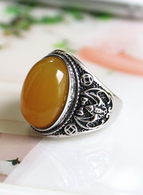 纯银镶嵌复古蜜蜡琥珀戒指空托