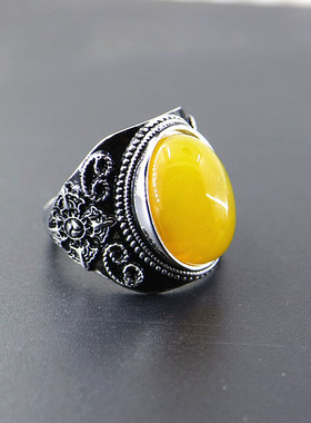 纯银戒指空托镶嵌复古琥珀