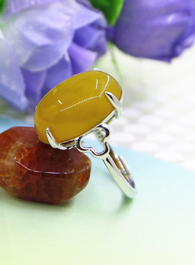 纯银镶嵌蜜蜡玉石戒指空托