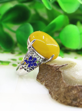 纯银镶嵌蜜蜡景泰蓝琥珀戒指空托